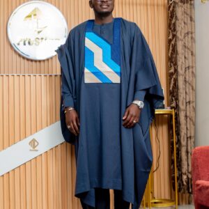 Grand Boubou Prestige Bleu Gris – 3 Pièces